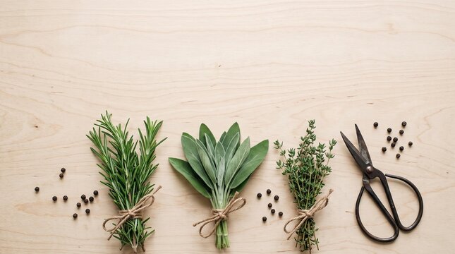 Fresh green rosemary sage and thyme herb bundles on light wooden background.