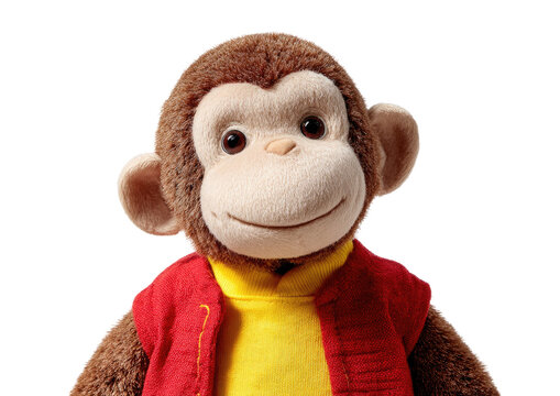 Plush monkey toy with red vest and yellow shirt smiling against a clean backdrop Isolated on transparent background