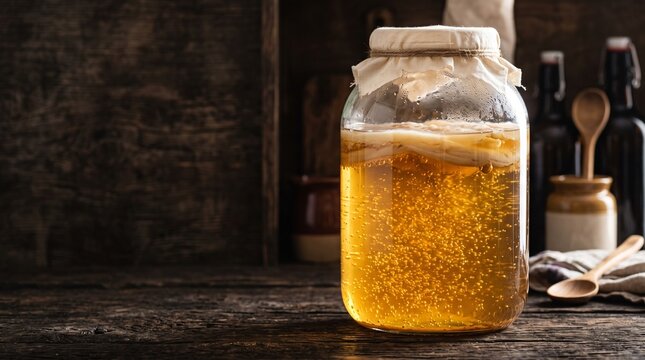 Homemade healthy kombucha tea in glass jar with scoby on wooden table