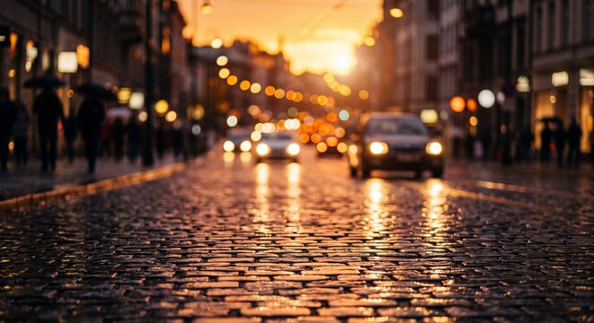 Blurred cars driving on a wet cobblestone street in a city during a golden sunset with along glistening cobblestone center during vibrant vehicles drive with transportation