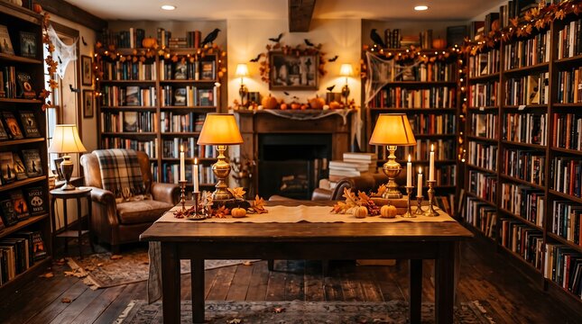 Cozy library decorated for Halloween with warm lighting and bookshelves filled with books