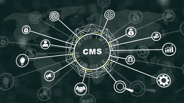 Dynamic cms management system digital network infographic with global connectivity and abstract geometric hud interface for corporate business technology and data communication presentations