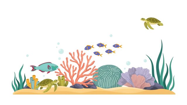 Flat vector illustration of a vibrant underwater marine ecosystem with coral reefs, sea turtles, swimming fish, and seaweed