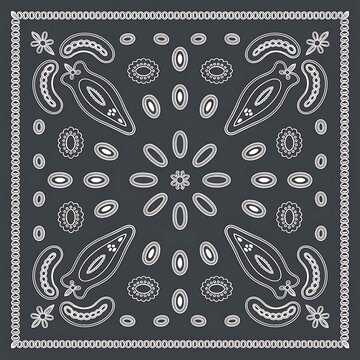 Traditional black and white bandana pattern design with floral ornament paisley motifs for classic fabric textile print