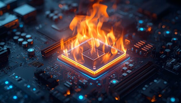 Computer processor chip overheating with bright flames on a circuit board