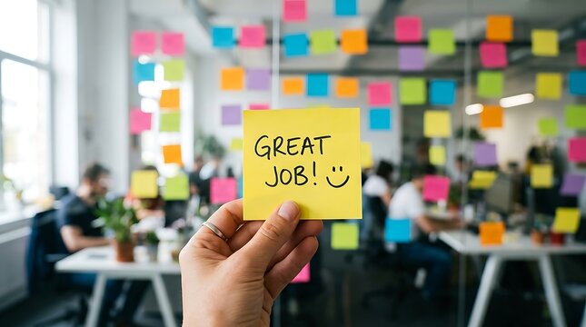 Close up of a hand holding a yellow sticky note with the text great job inside a modern office