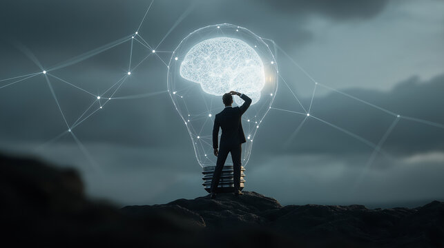 Human Silhouette Looking at Glowing Brain Hologram, Artificial Intelligence and Creative Thinking Concept, Futuristic Technology Background