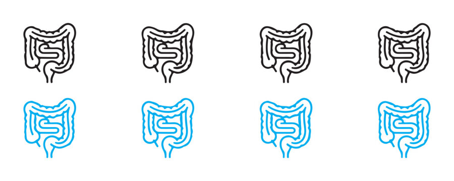 Black and blue intestine outline icons on transparent background for medical science and anatomy design.