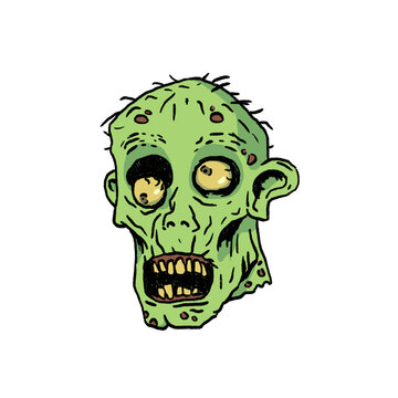 Hand-drawn illustration of a scary zombie head with an open mouth, green skin, and yellow eyes isolated on a white background. Creepy monster icon for Halloween, stickers, and horror themes.