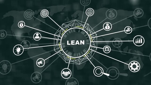 Dynamic lean management concept infographic featuring interconnected business global network connectivity, strategic planning symbols, and corporate efficiency optimization motion animation