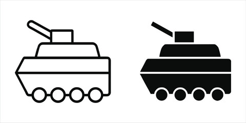 Obraz premium Military tank vehicle in two styles, one black outline and one solid black silhouette, isolated on a white background, for war themes