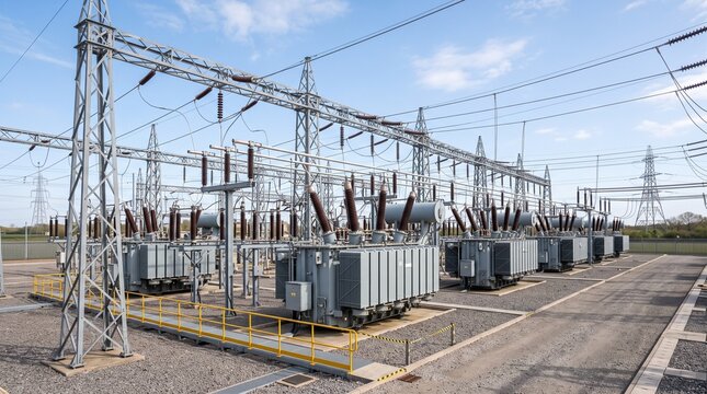 Electrical power substation with high voltage transformers and pylons.