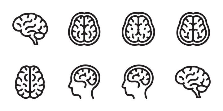 Human brain line art vector icon collection for neuroscience education and mental health concepts.