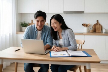 Obraz premium Happy Asian couple works together using laptop at kitchen table. Young man, woman laugh looking at screen. Study online course manage small business from home with documents, charts on wooden desk.