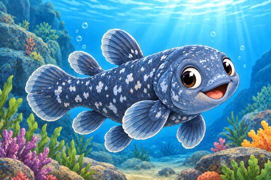 Cute cartoon coelacanth fish swimming underwater in coral reef with sun rays, prehistoric prehistoric marine animal children book illustration