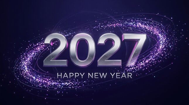 2027 glowing with celebratory sparkle against a dark cosmic background for New Year's