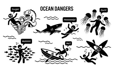 Fototapeta premium Set of ocean danger icons with black silhouettes for swimming risks and maritime hazard warning graphics design.