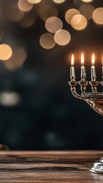 A traditional Jewish menorah with lit candles placed on a simple wooden table, ideal for Hanukkah celebrations or cultural displays