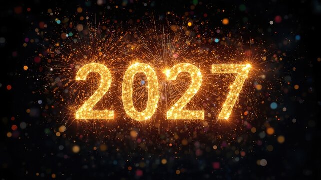 N&uacute;mero 2027 dorado iluminado por vibrantes fuegos artificiales que estallan en el oscuro cielo nocturno. Concepto de celebraci&oacute;n festiva de A&ntilde;o Nuevo