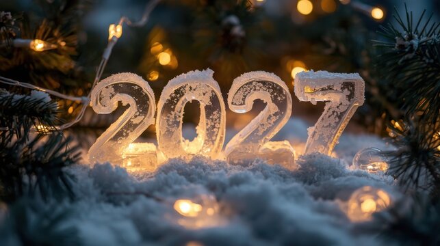 N&uacute;mero 2027 escarchado, elaborado con hielo y nieve, que resplandece suavemente bajo las centelleantes luces invernales. Concepto de una acogedora temporada festiva