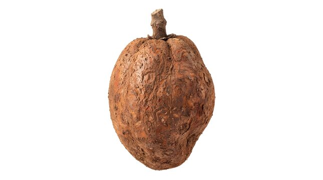 Single Ripe Mamey Sapote Fruit Isolated on White Background, Tropical Pouteria sapota Fruit with Rough Brown Skin for Healthy Food Photography
