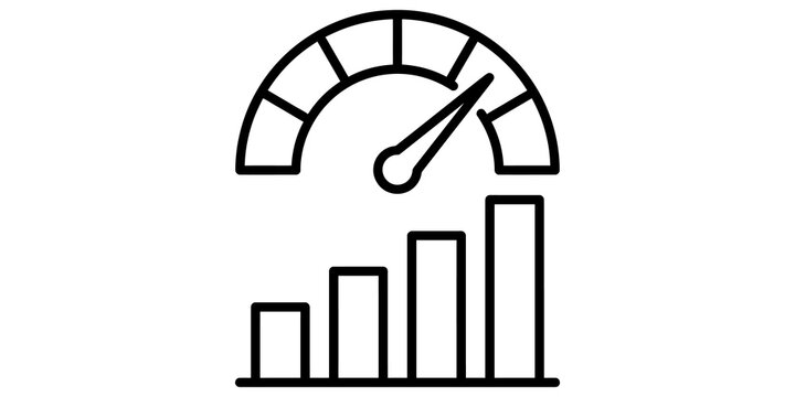 Gauge speed indicator icon with bar graph showing progress in black line art for data visualization and performance metrics.