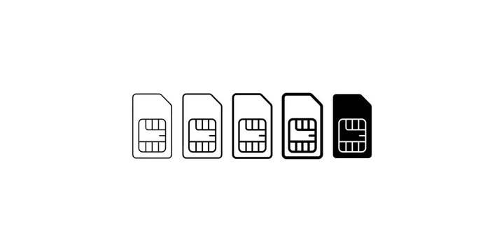 Set of five sim card icons featuring different line weight and solid fill variations for mobile technology.