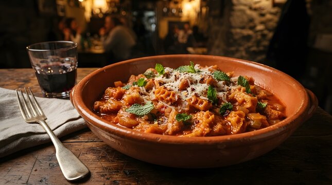 Traditional tripe stew served in a rustic clay bowl with red wine in a cozy restaurant setting perfect for World Tripe Day