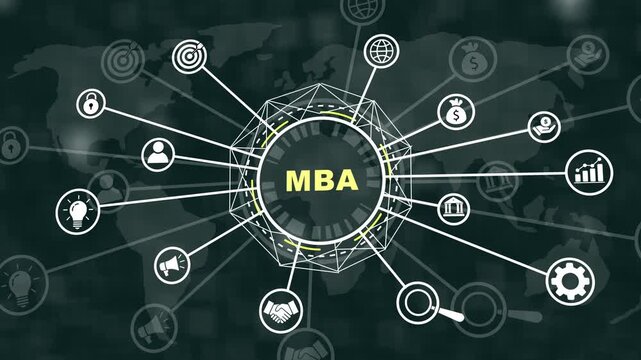 Dynamic mba degree education concept featuring animated global business network infographics with interconnected for corporate strategy, management training, development, and digital marketing