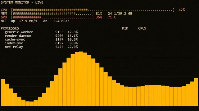 System monitor terminal displays live CPU usage, network stats, and process list above a fluctuating orange waveform on black. Retro monospace aesthetic for tech and cybersecurity themes.