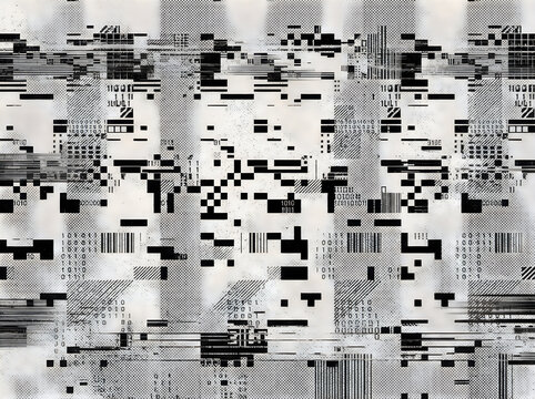 Abstract monochrome digital glitch pattern with binary code and pixelated noise textures for modern tech and internet background designs
