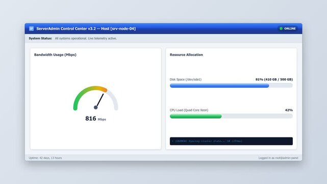 Server Admin Control Center Dashboard Monitoring Network Bandwidth and CPU Load