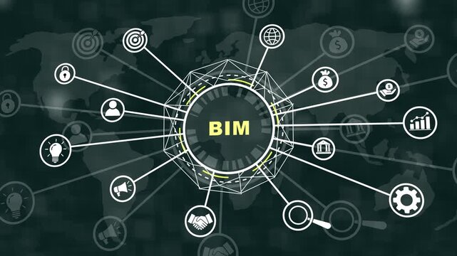 Dynamic bim building information modeling concept featuring interactive digital network nodes, global connectivity and futuristic data visualization technology for architectural engineering and