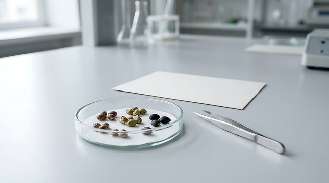 Agricultural seed sample varieties in glass petri dish with tweezers and blank paper card on laboratory workbench for agronomy research testing