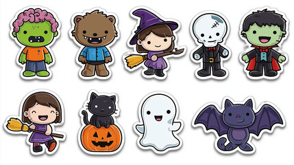Fototapeta premium Cute Halloween Character Sticker Collection with Witch, Vampire, Ghost, Bat and Black Cat, Spooky Cartoon Vector Illustration
