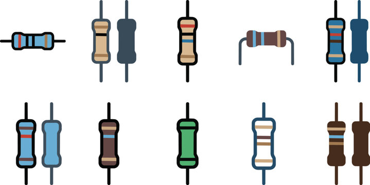 electronic components resistor icon set with different color codes and orientations