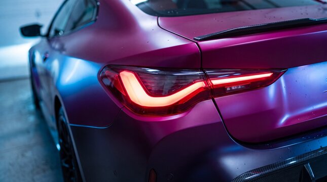 Rear view of a matte purple sports car with illuminated led taillights in a garage setting with section modern luxury purple finish glowing taillights dimly lit