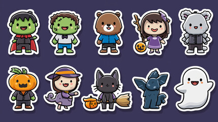 Obraz premium Cute Halloween Character Sticker Collection with Witch, Vampire, Ghost, Bat and Black Cat, Spooky Cartoon Vector Illustration