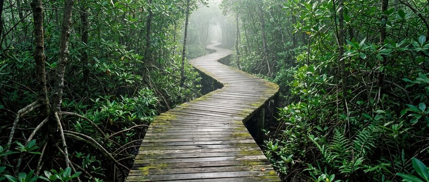A winding wooden boardwalk path leads through a lush green misty mangrove forest landscape scenery with green vegetation tangled winds through dense environment