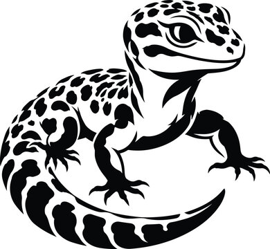 Black and white vector illustration of a cute leopard gecko lizard isolated on a white background