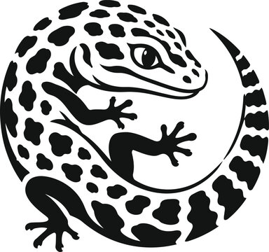Black and white vector illustration of a spotted leopard gecko curled into a circular shape