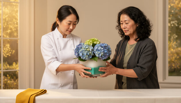 Female florist handing over blue hydrangea flower arrangement in vase to customer inside sunlit floral studio during morning service with soft light and copy space