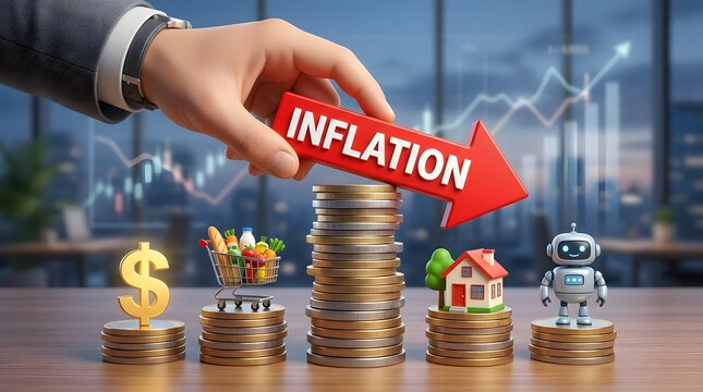 Hand pushing down red inflation arrow over stacked coins and icons