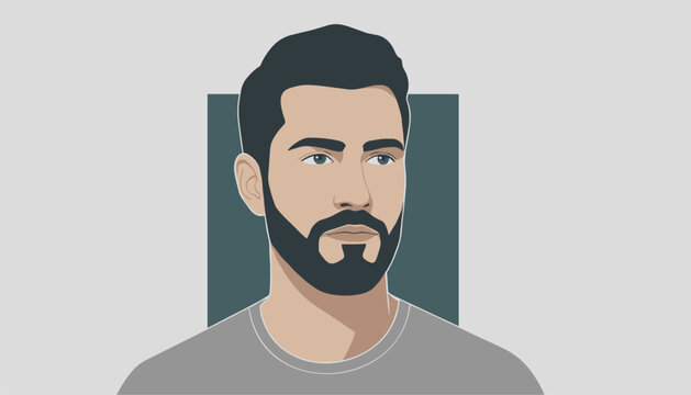 Portrait of a stylish young man with a neatly trimmed dark beard and black hair looking to the side in a modern flat design style.
