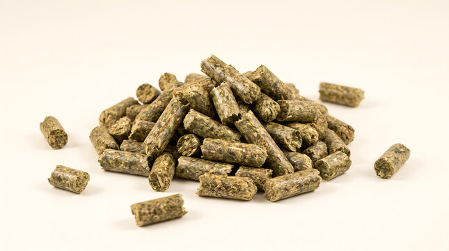 Alfalfa pellet piled on a white background, representing dry animal feed and agricultural livestock nutrition.