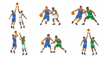 Fototapeta premium Six illustrations depicting various basketball actions between two players in blue and green uniforms.