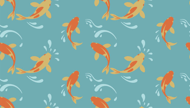 Elegant seamless pattern of orange and yellow koi fish swimming in blue water with stylized waves and water splashes.