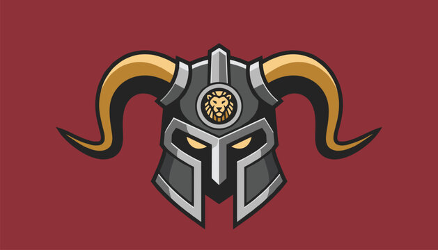 Fierce warrior helmet with golden horns and a regal lion emblem on a dark red background suitable for a mascot or gaming logo.