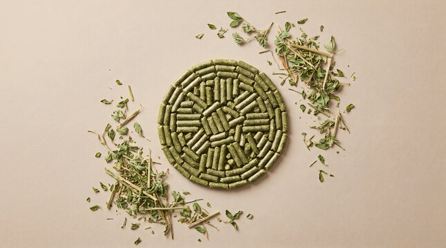 A circular arrangement of alfalfa pellet with scattered dried herbs and green forage on a beige background