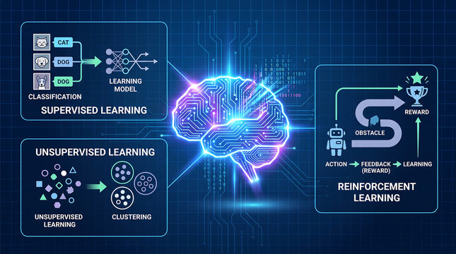 Infographic showing artificial intelligence learning methods, including supervised, unsupervised, and reinforcement learning with a central glowing digital brain circuit diagram
